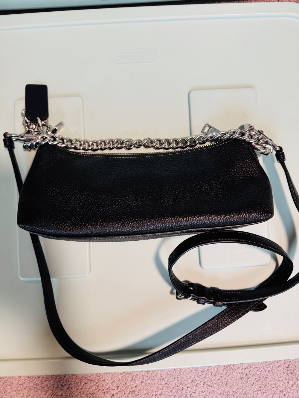 Coach Black Pebbled Leather Mini Shoulder Bag with Silver Chain
NWOT - Picture 4 of 7